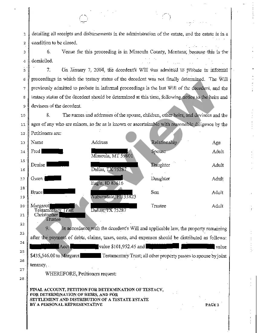 Get A05 Final Account, Petition for Determination of Testacy, for Determination of Heirs, and to Settle and Distribute a Testate Estate Preview A05 Final Account, Petition for Determination of Testacy, for Determination of Heirs, and to Settle and Distribute a Testate Estate