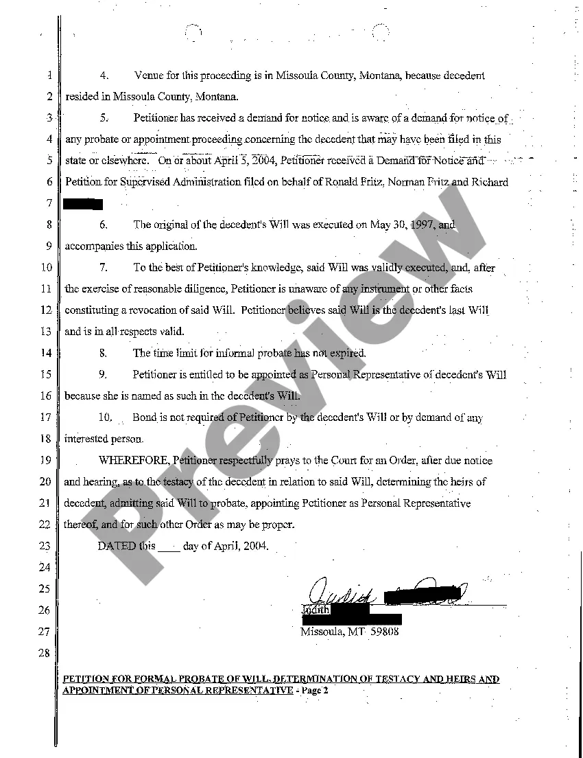 Preview A01 Petition for Formal Probate of Will, Determination of Testacy and Heirs, and Appointment of Personal Representative