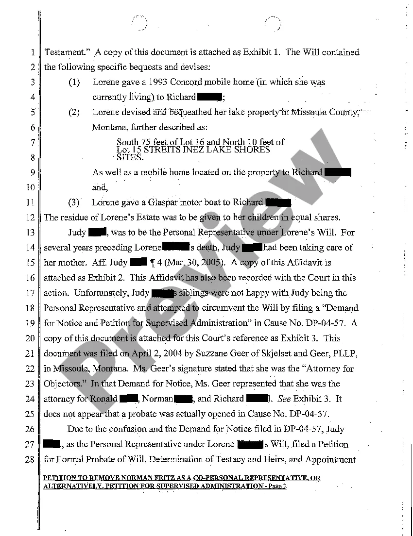 Get A02 Petition to Remove a Co-Personal Representative, or Alternatively, Petition for Supervised Administration Preview A02 Petition to Remove a Co-Personal Representative, or Alternatively, Petition for Supervised Administration