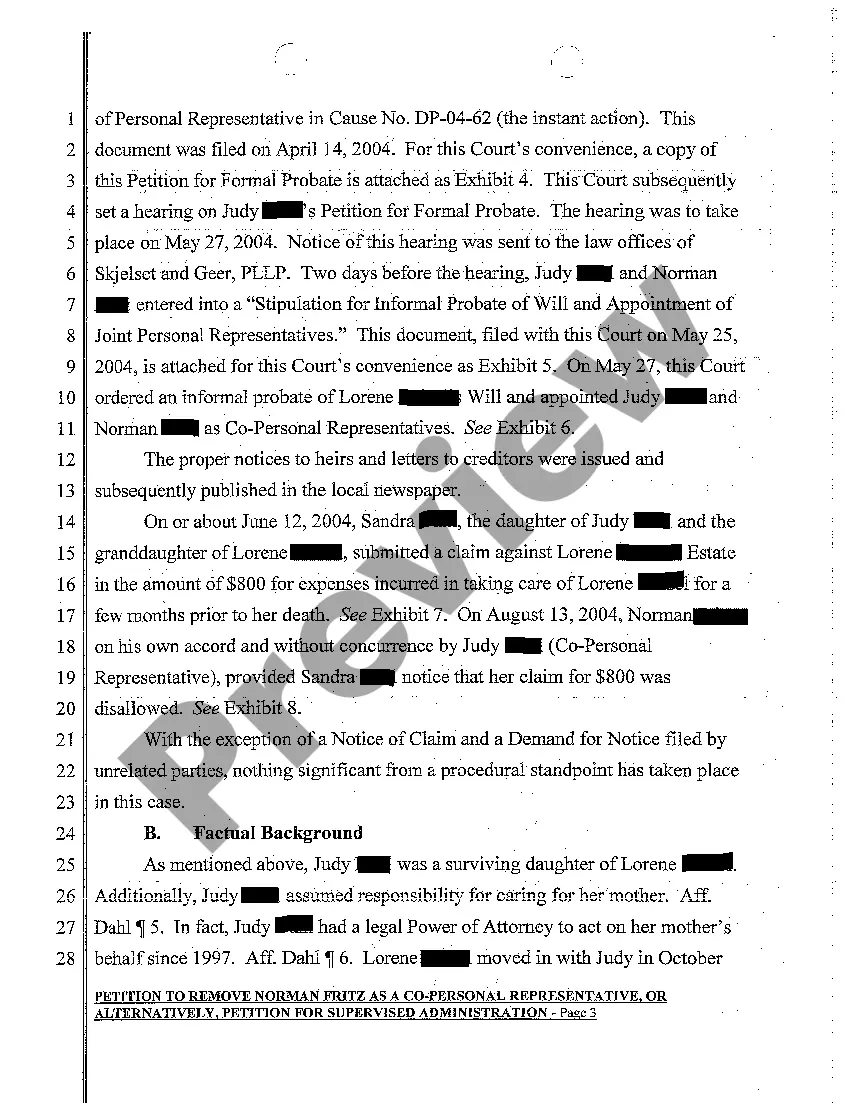 Get A02 Petition to Remove a Co-Personal Representative, or Alternatively, Petition for Supervised Administration Preview A02 Petition to Remove a Co-Personal Representative, or Alternatively, Petition for Supervised Administration