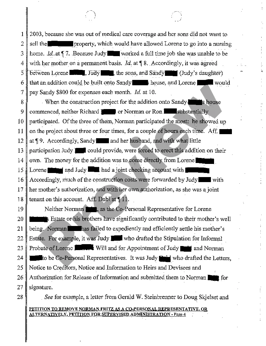 Get A02 Petition to Remove a Co-Personal Representative, or Alternatively, Petition for Supervised Administration Preview A02 Petition to Remove a Co-Personal Representative, or Alternatively, Petition for Supervised Administration