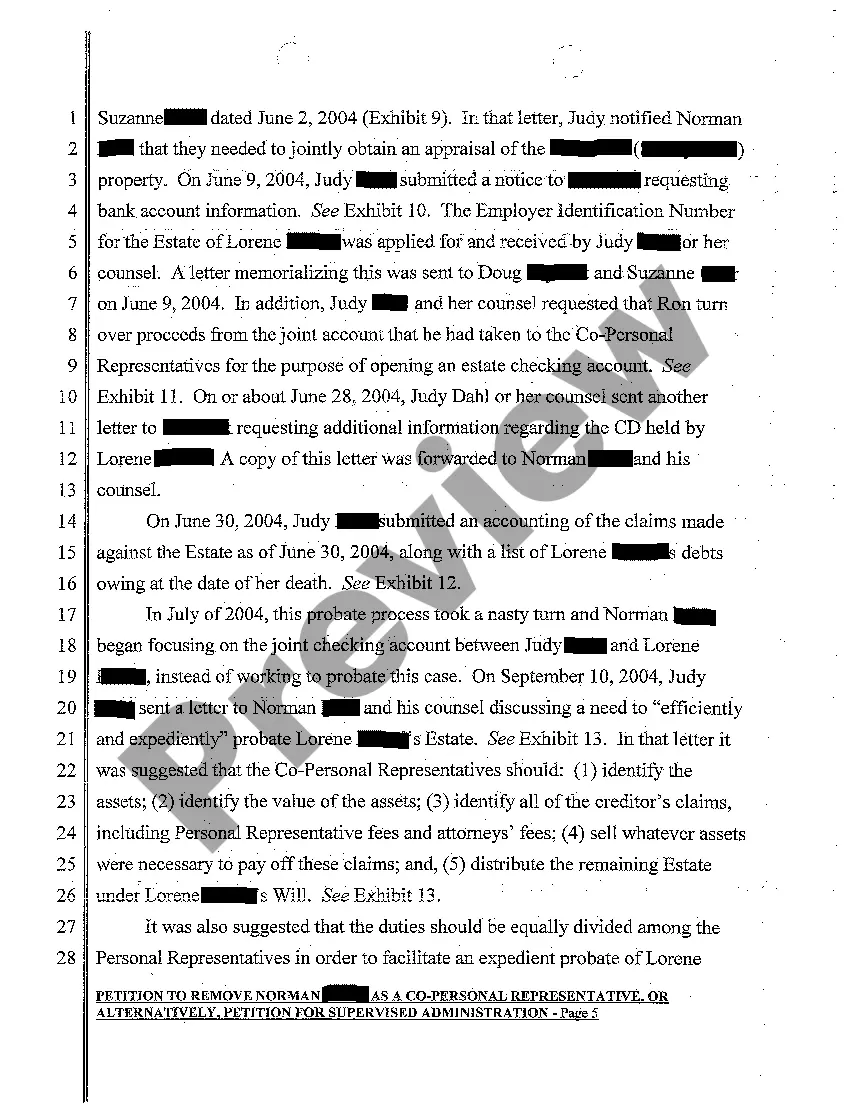 Get A02 Petition to Remove a Co-Personal Representative, or Alternatively, Petition for Supervised Administration Preview A02 Petition to Remove a Co-Personal Representative, or Alternatively, Petition for Supervised Administration