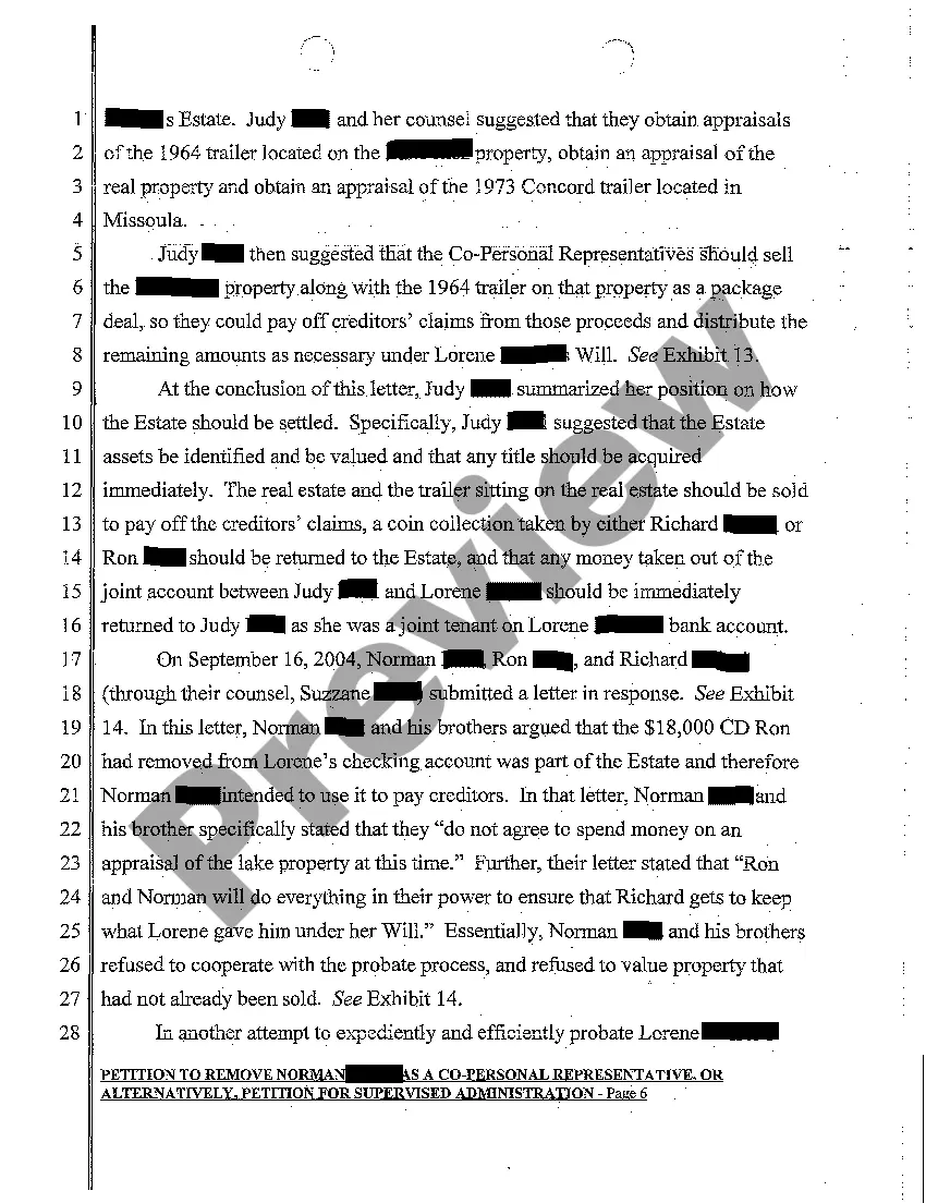 Get A02 Petition to Remove a Co-Personal Representative, or Alternatively, Petition for Supervised Administration Preview A02 Petition to Remove a Co-Personal Representative, or Alternatively, Petition for Supervised Administration