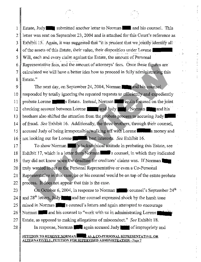 Get A02 Petition to Remove a Co-Personal Representative, or Alternatively, Petition for Supervised Administration Preview A02 Petition to Remove a Co-Personal Representative, or Alternatively, Petition for Supervised Administration