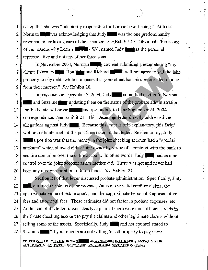 Get A02 Petition to Remove a Co-Personal Representative, or Alternatively, Petition for Supervised Administration Preview A02 Petition to Remove a Co-Personal Representative, or Alternatively, Petition for Supervised Administration