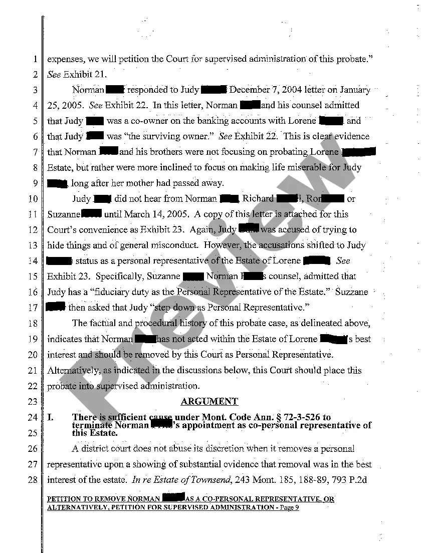 Get A02 Petition to Remove a Co-Personal Representative, or Alternatively, Petition for Supervised Administration Preview A02 Petition to Remove a Co-Personal Representative, or Alternatively, Petition for Supervised Administration