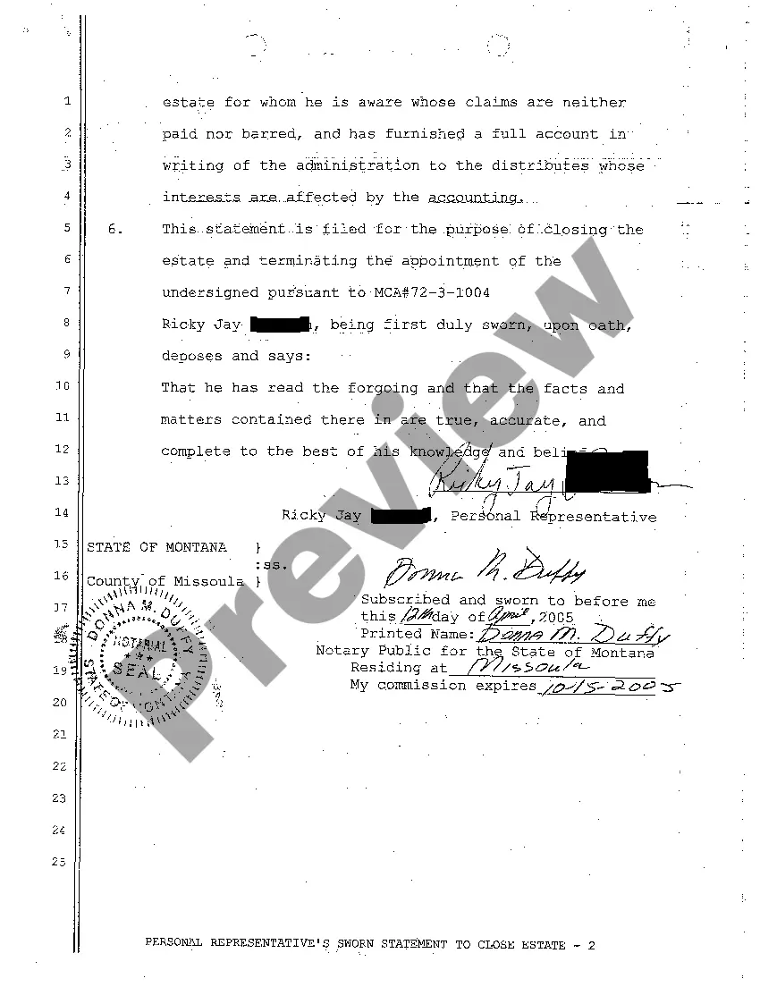 Preview A06 Personal Representative's Sworn Statement to Close Estate
