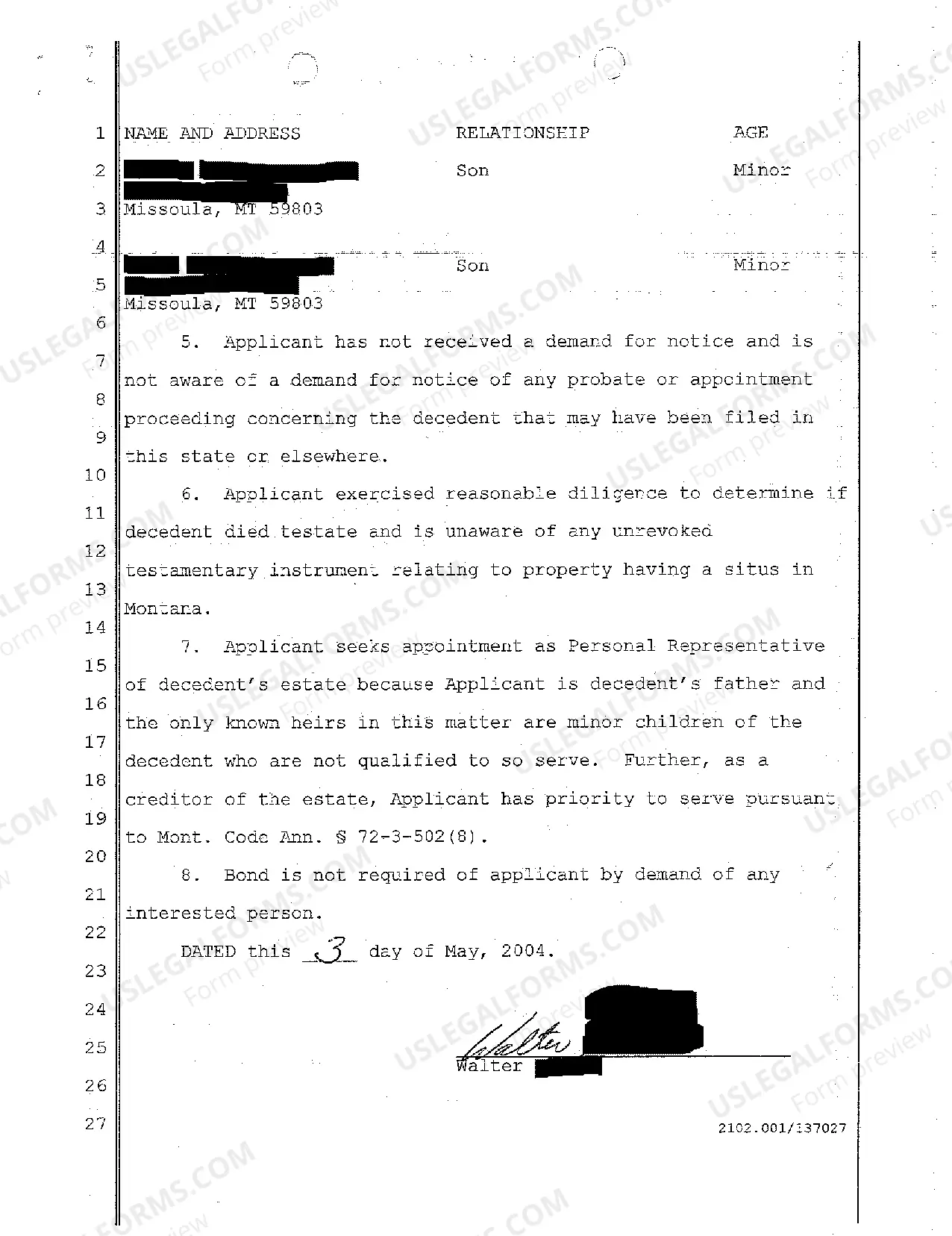 Preview A01 Application for Informal Appointment of Personal Representative in Intestacy