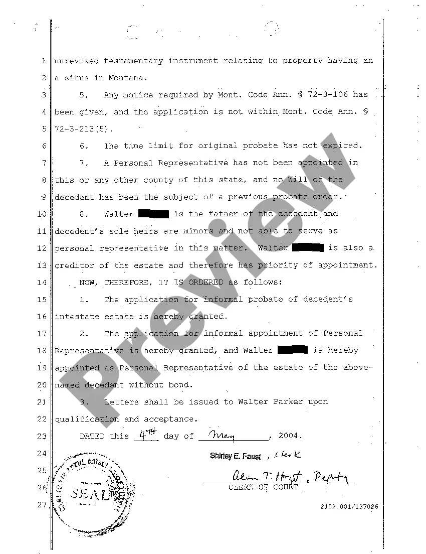 Preview A02 Order of Informal Probate and Appointment of Personal Representative