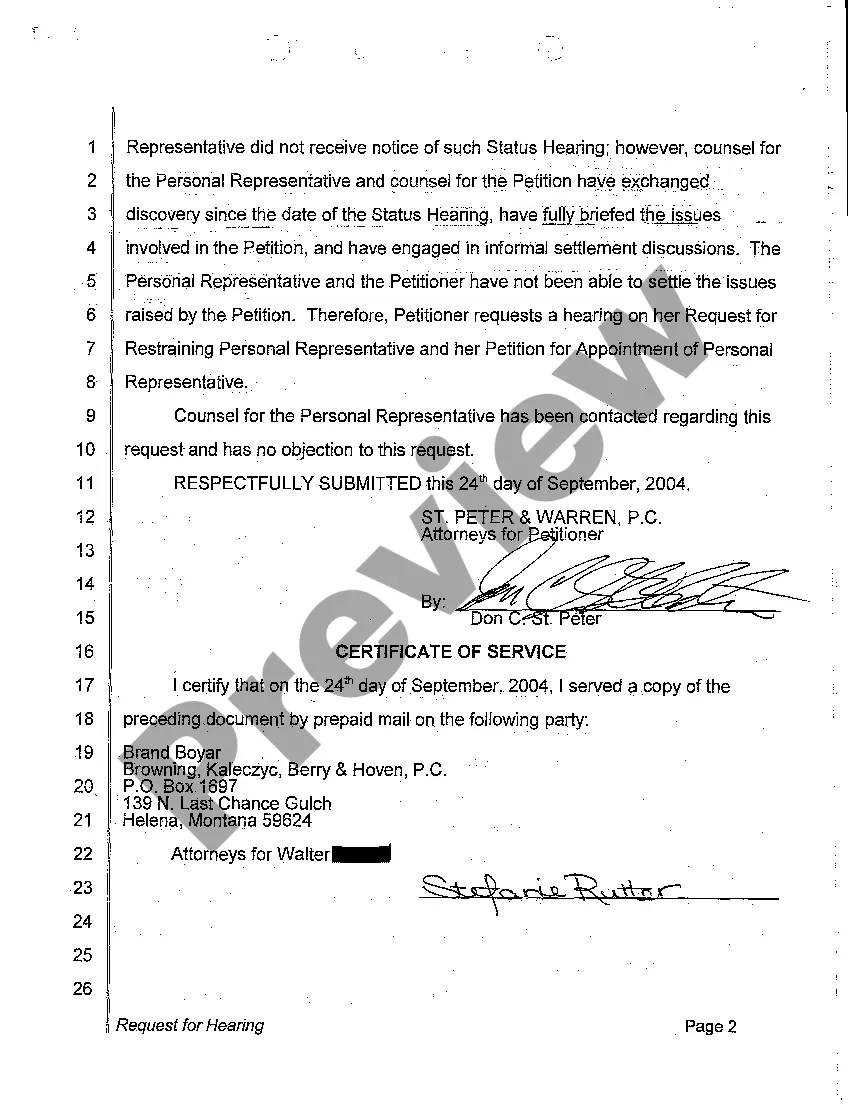 Preview A13 Request for Hearing on Motion for Order Restraining Personal Representative and Petition for Appointment of Personal Representative