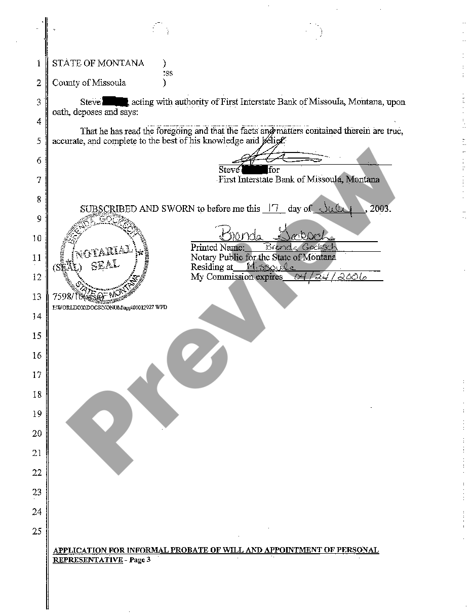 Montana Application For Informal Probate Of Will And Appointment Of Personal Representative Us 4459