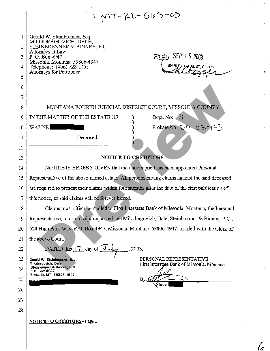 Notice To Creditors Forms Montana Form | US Legal Forms