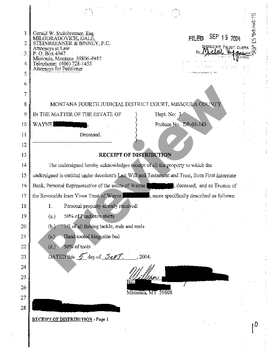 Montana Receipt of Distribution | US Legal Forms