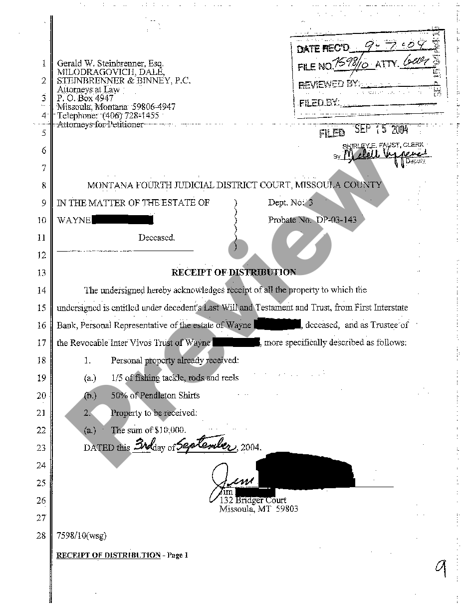 Montana Receipt of Distribution | US Legal Forms