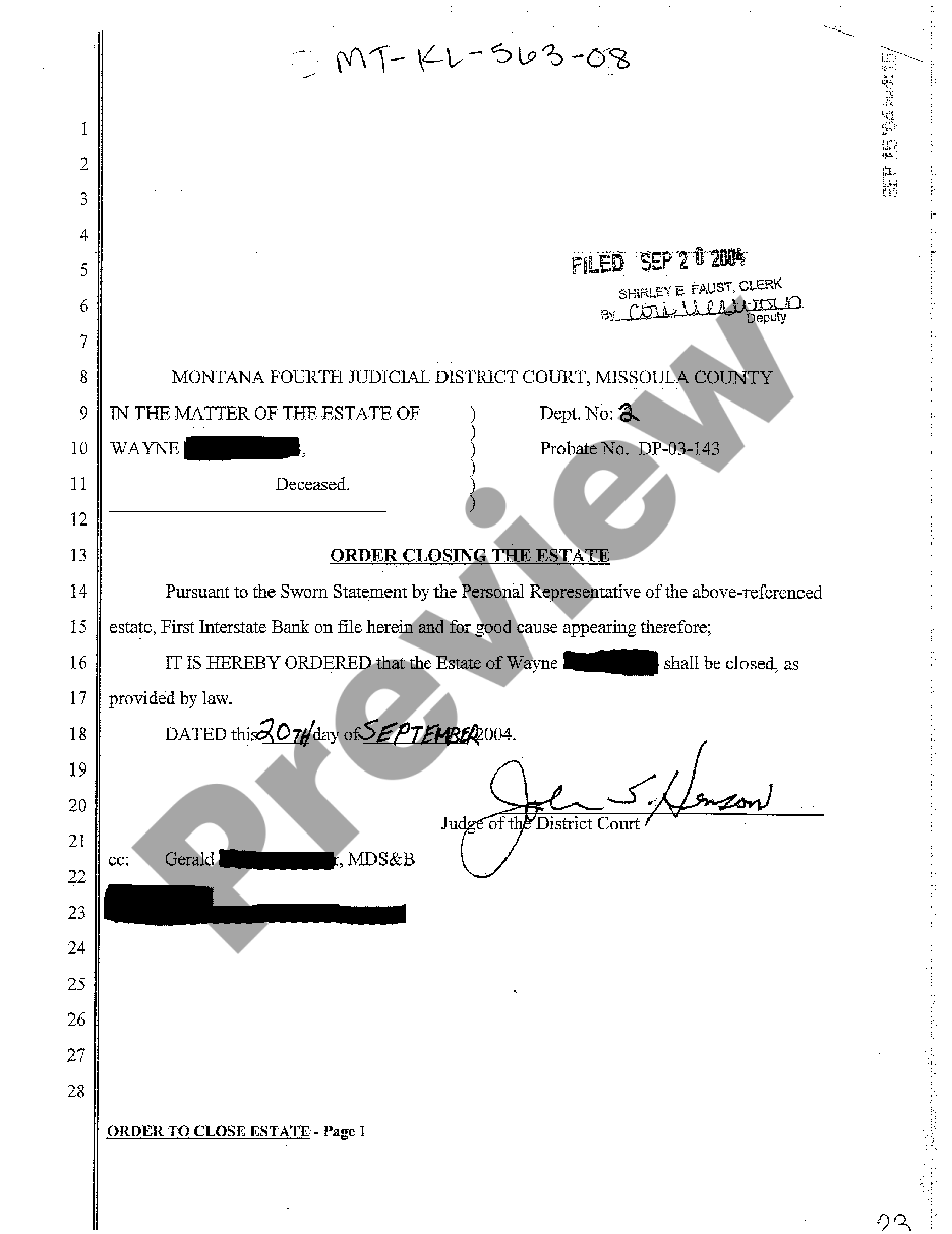 Montana Order Closing the Estate | US Legal Forms