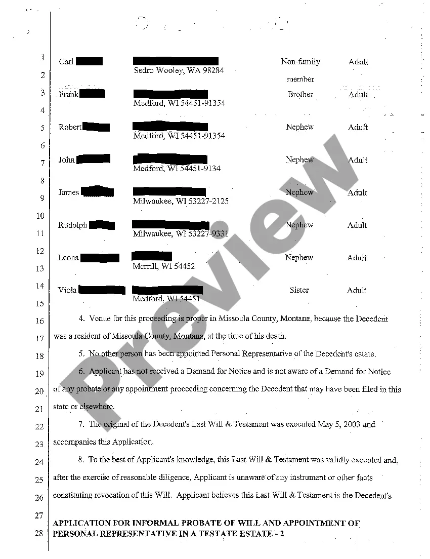 Preview A01 Application for Informal Probate of Will and Appointment of Personal Representative in a Testate Estate