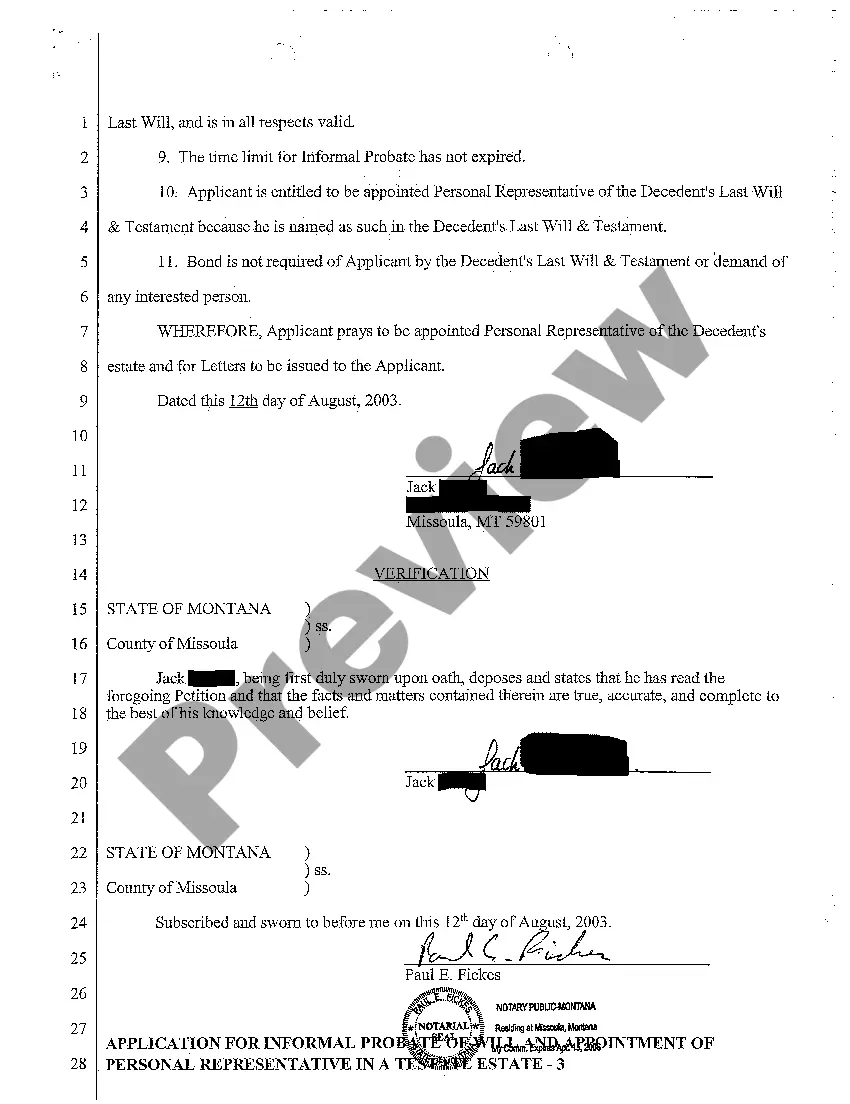 Preview A01 Application for Informal Probate of Will and Appointment of Personal Representative in a Testate Estate