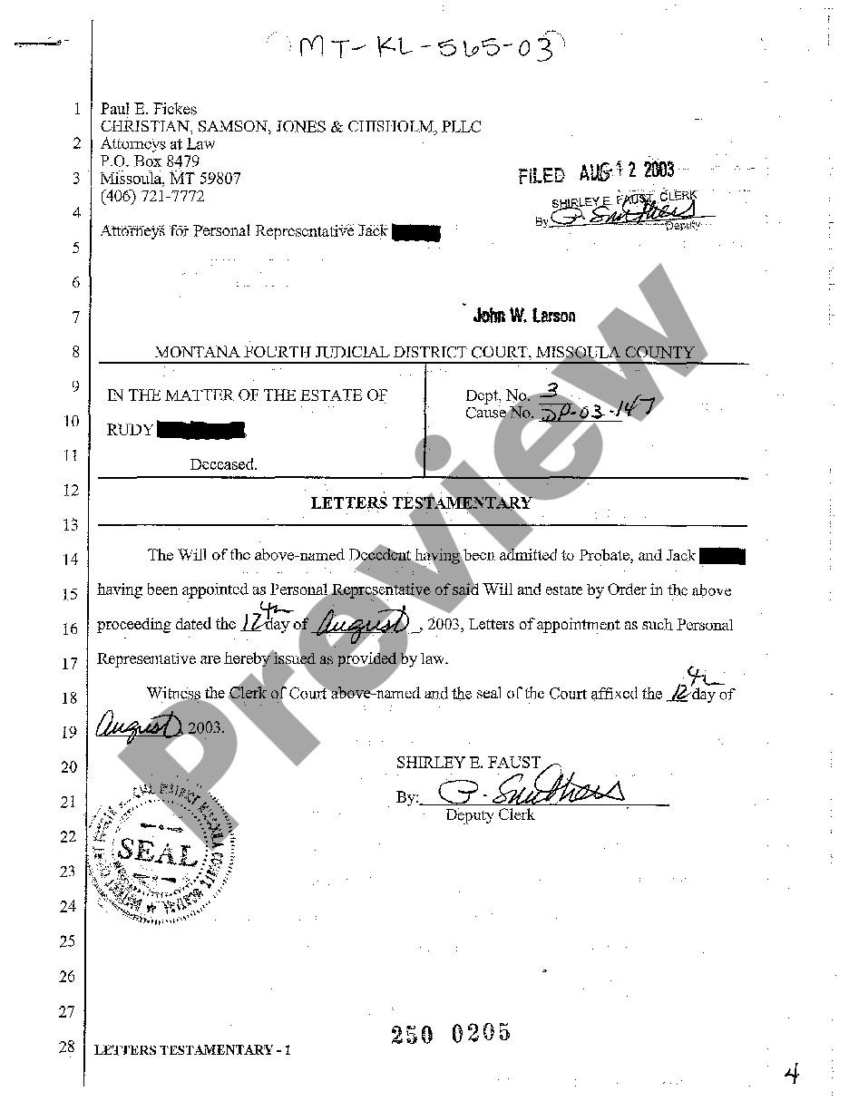 Montana Letters Testamentary Sample Letter Of Testamentary Us Legal Forms 2491