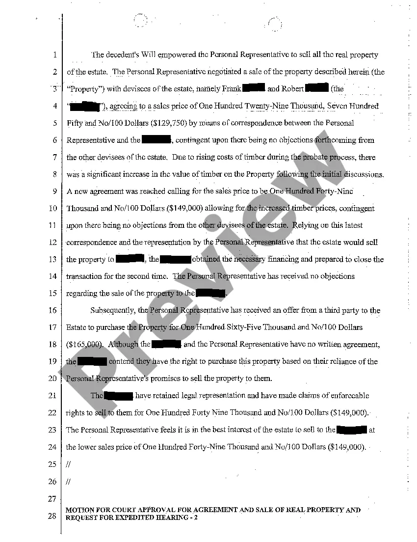 Preview A06 Motion for Court Approval for Agreement and Sale of Real Property and Request for Expedited Hearing