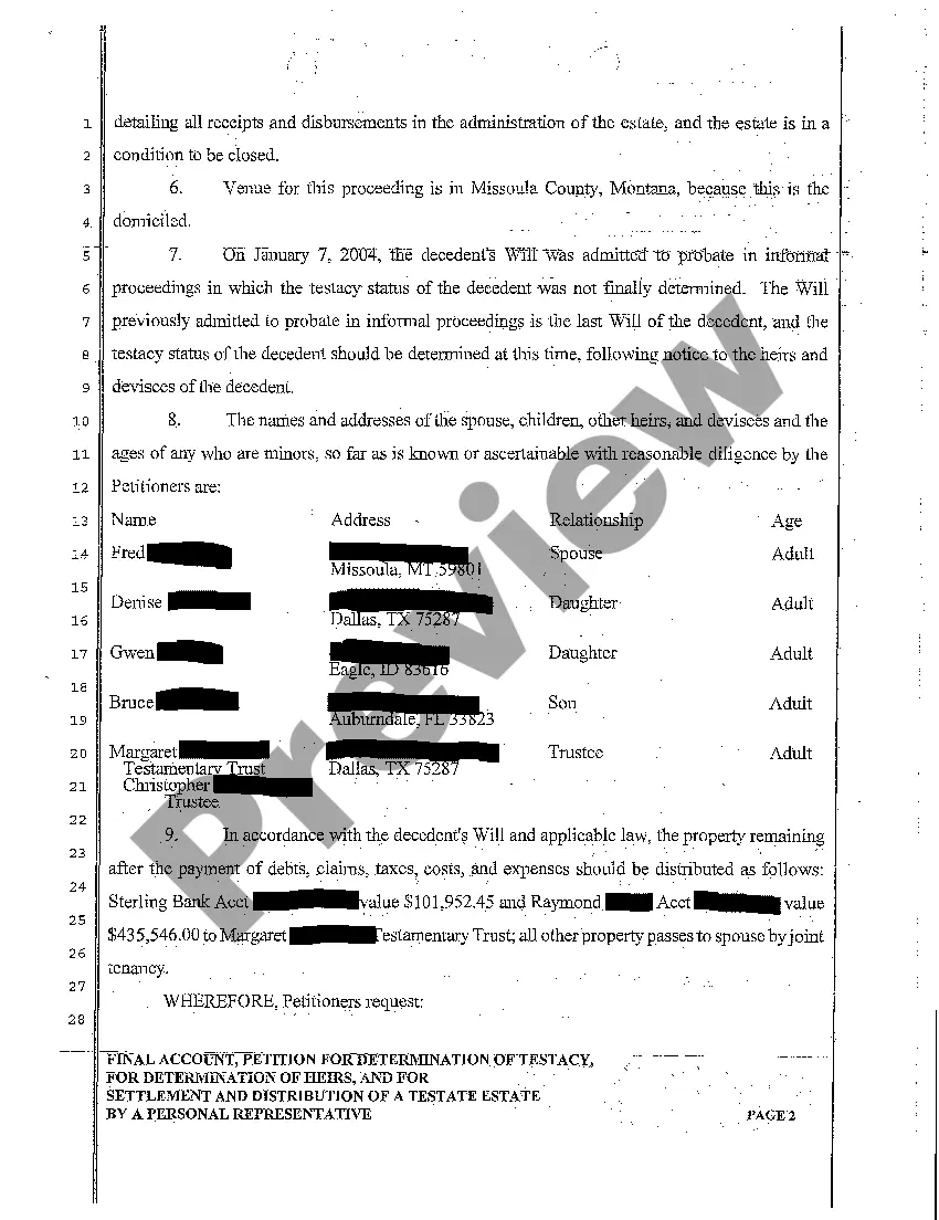 Get A01 Final Account, Petition for Determination of Testacy, Determination of Heirs, and Settlement and Distribution of Testate Estate Preview A01 Final Account, Petition for Determination of Testacy, Determination of Heirs, and Settlement and Distribution of Testate Estate
