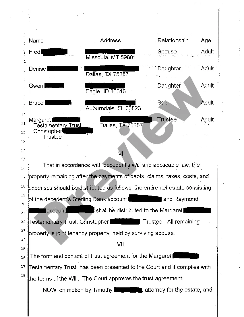 Get A02 Decree of Distribution, Order Determining Testacy, Determining Heirs, and Approving Final Account of Testate Estate Preview A02 Decree of Distribution, Order Determining Testacy, Determining Heirs, and Approving Final Account of Testate Estate