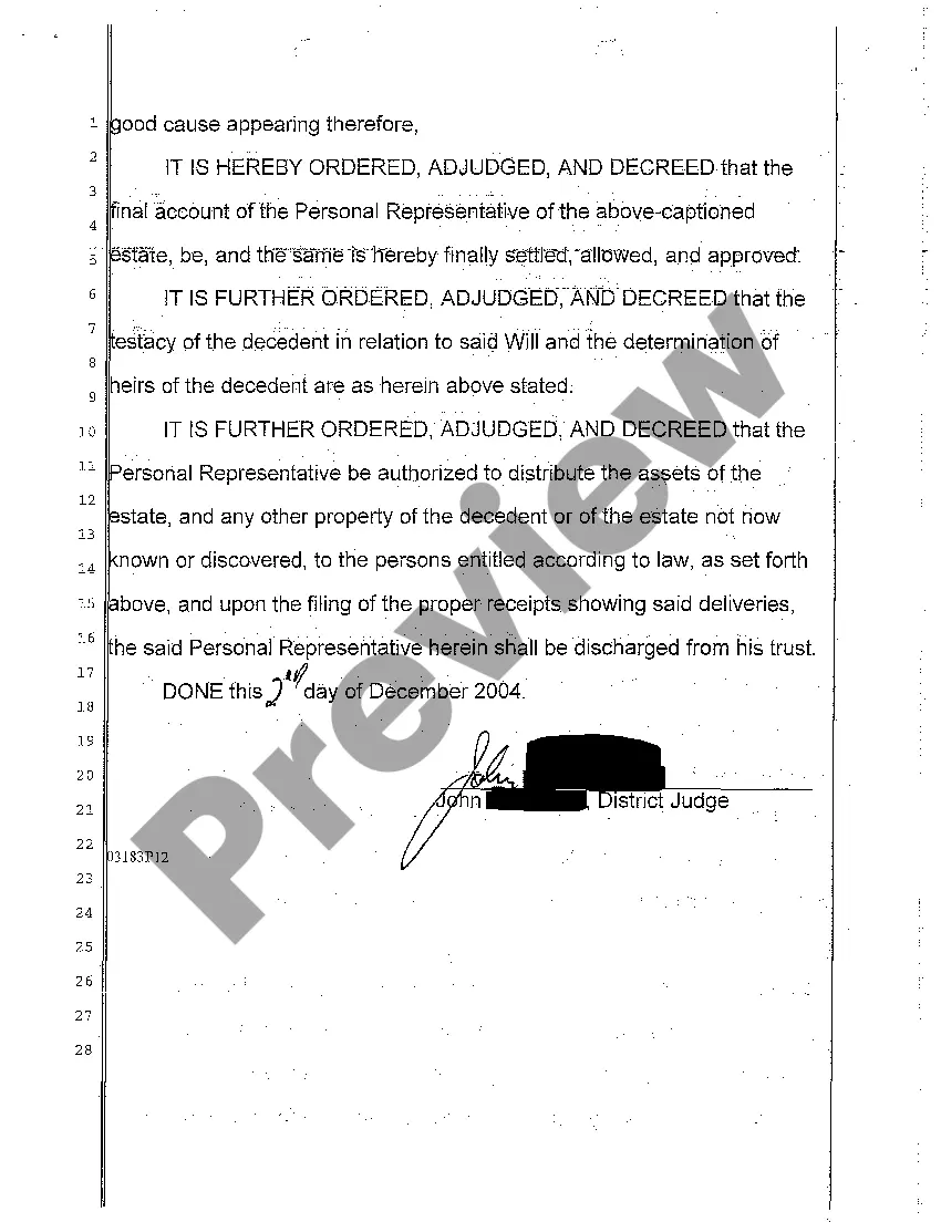 Get A02 Decree of Distribution, Order Determining Testacy, Determining Heirs, and Approving Final Account of Testate Estate Preview A02 Decree of Distribution, Order Determining Testacy, Determining Heirs, and Approving Final Account of Testate Estate