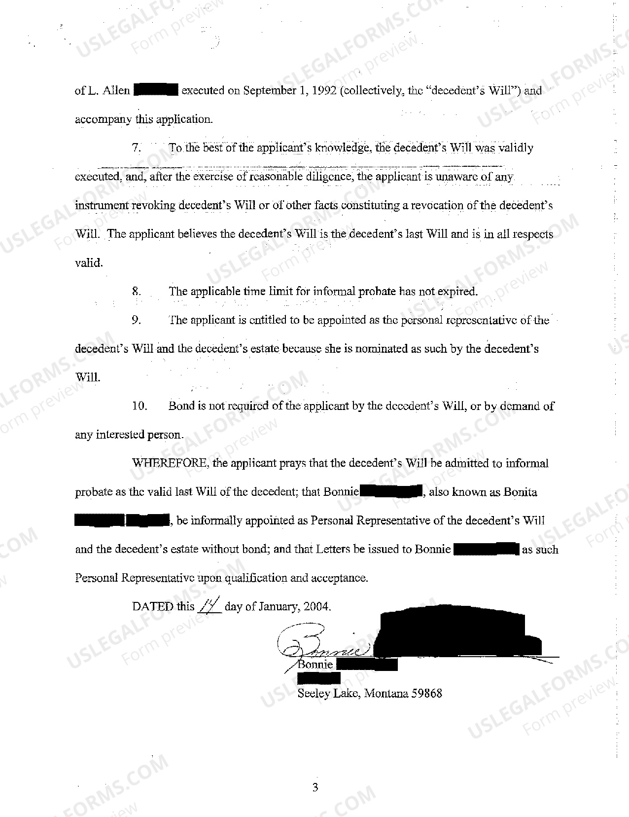 Montana Probate Testate Sample Case 7 Form US Legal Forms