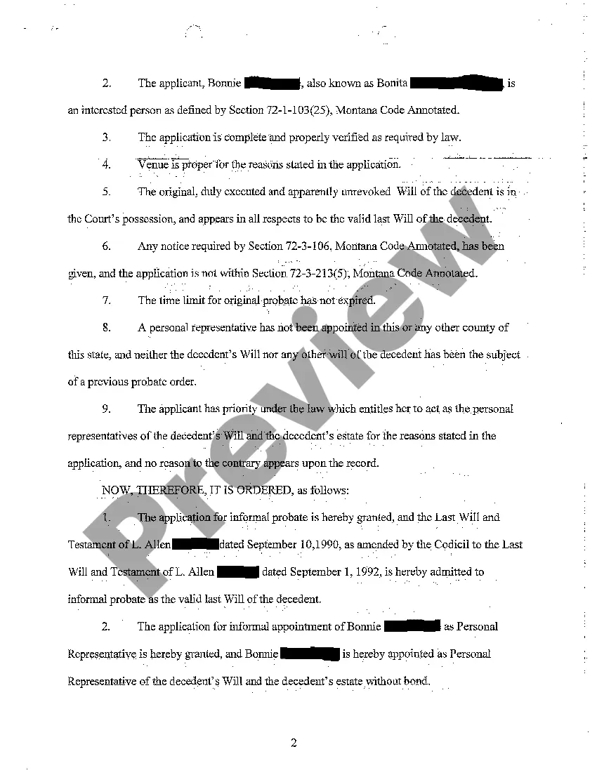 Get A02 Order of Informal Probate of Will and Appointment of Personal Representative Preview A02 Order of Informal Probate of Will and Appointment of Personal Representative