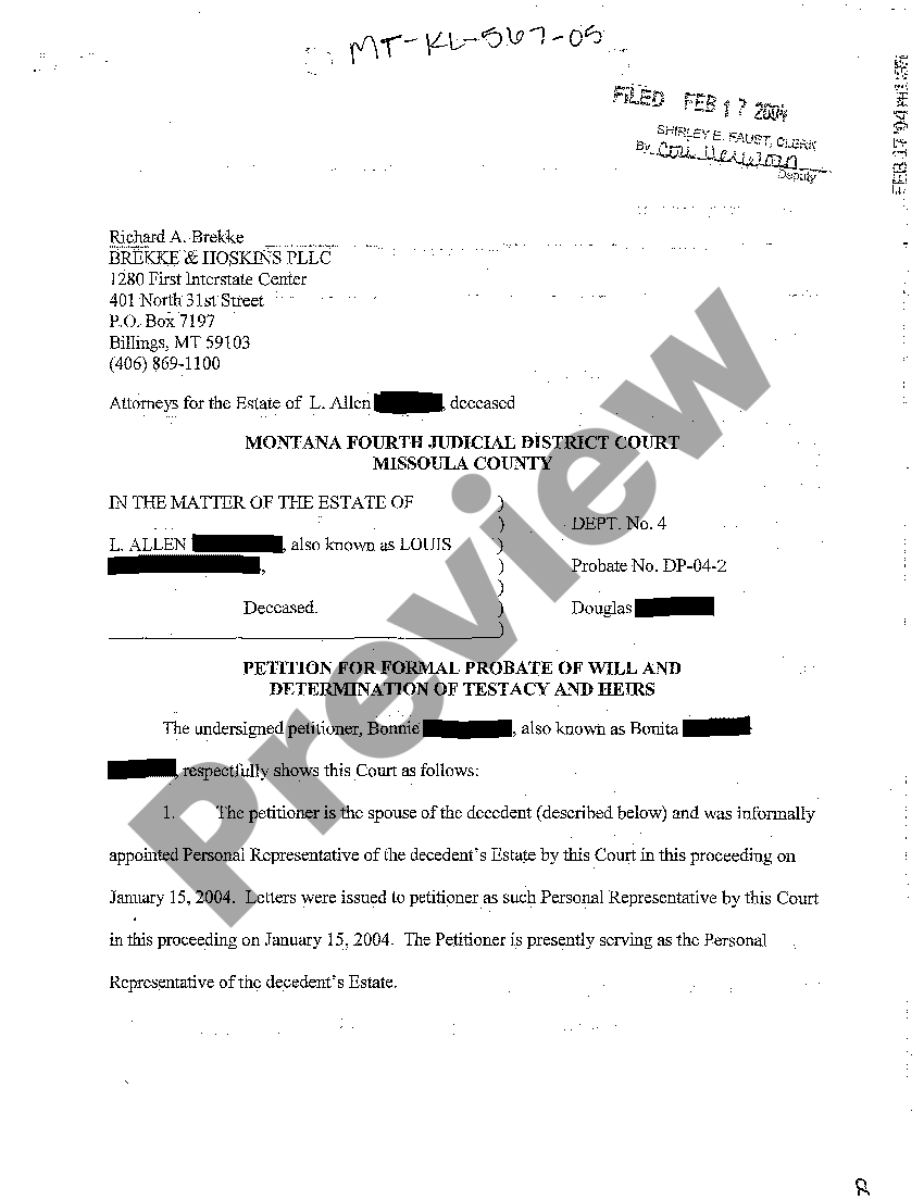 Montana Petition for Formal Probate of Will and Determination of