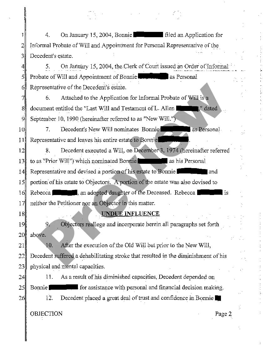Preview A08 Objection to Petition for Formal Probate of Will and Determination of Testacy and Heirs and Demand for Jury Trial