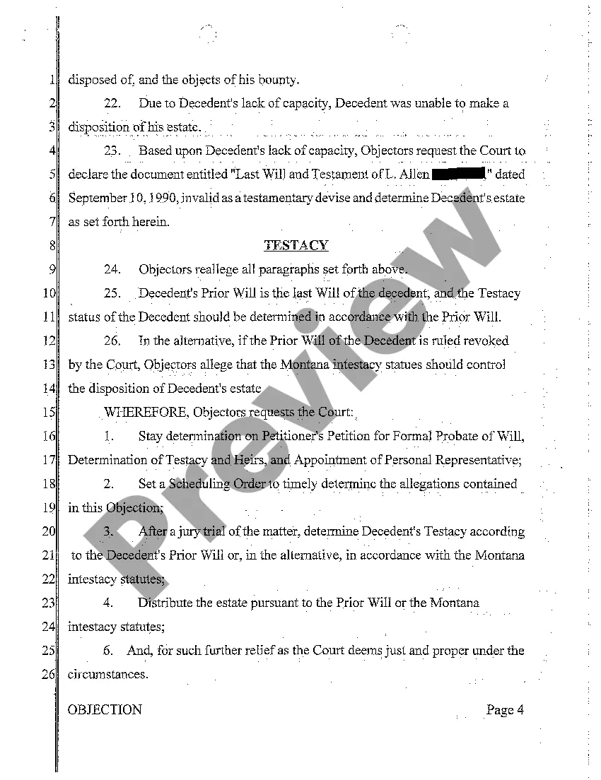 Preview A08 Objection to Petition for Formal Probate of Will and Determination of Testacy and Heirs and Demand for Jury Trial