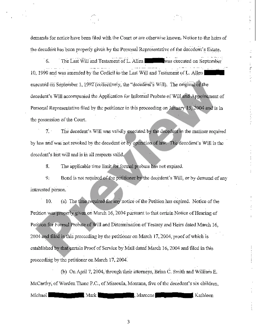 Preview A15 Order of Formal Probate of Will and Determination of Testacy and Heirs
