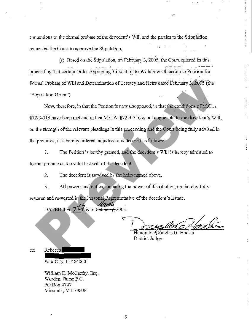 Preview A15 Order of Formal Probate of Will and Determination of Testacy and Heirs