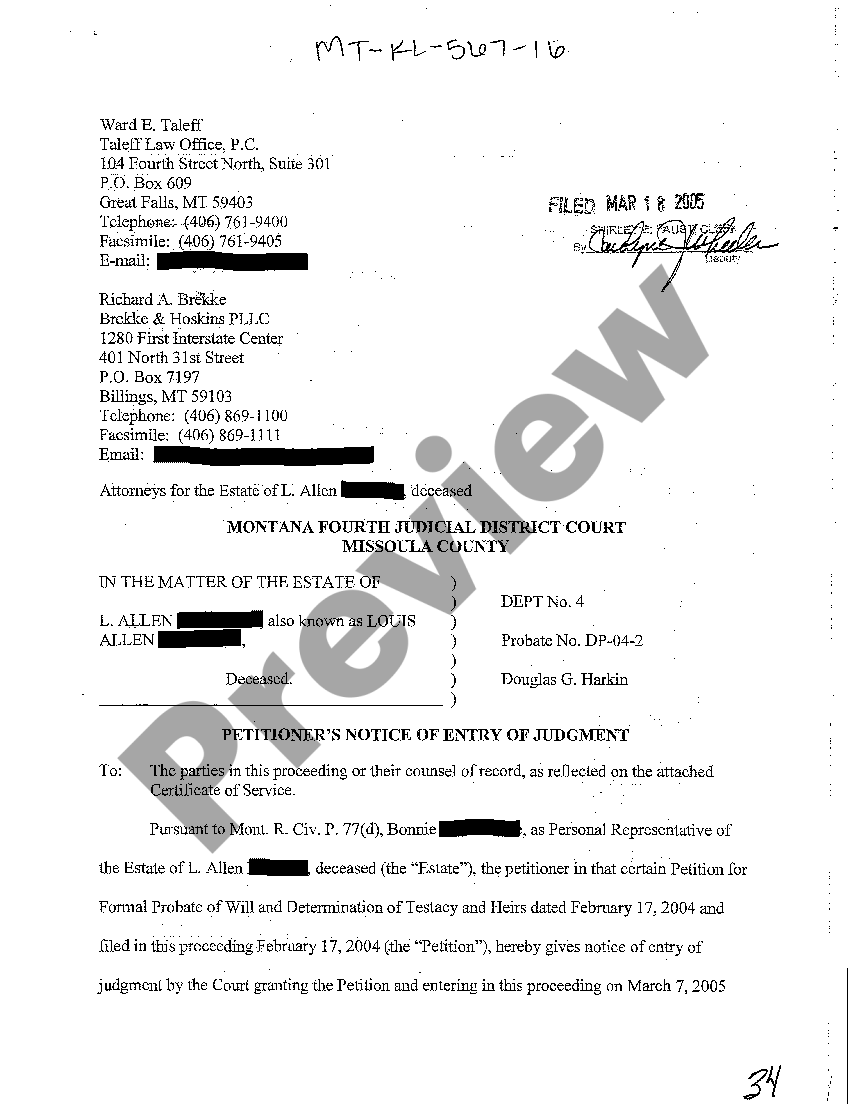 Montana Petitioner's Notice of Entry of Judgment | US Legal Forms
