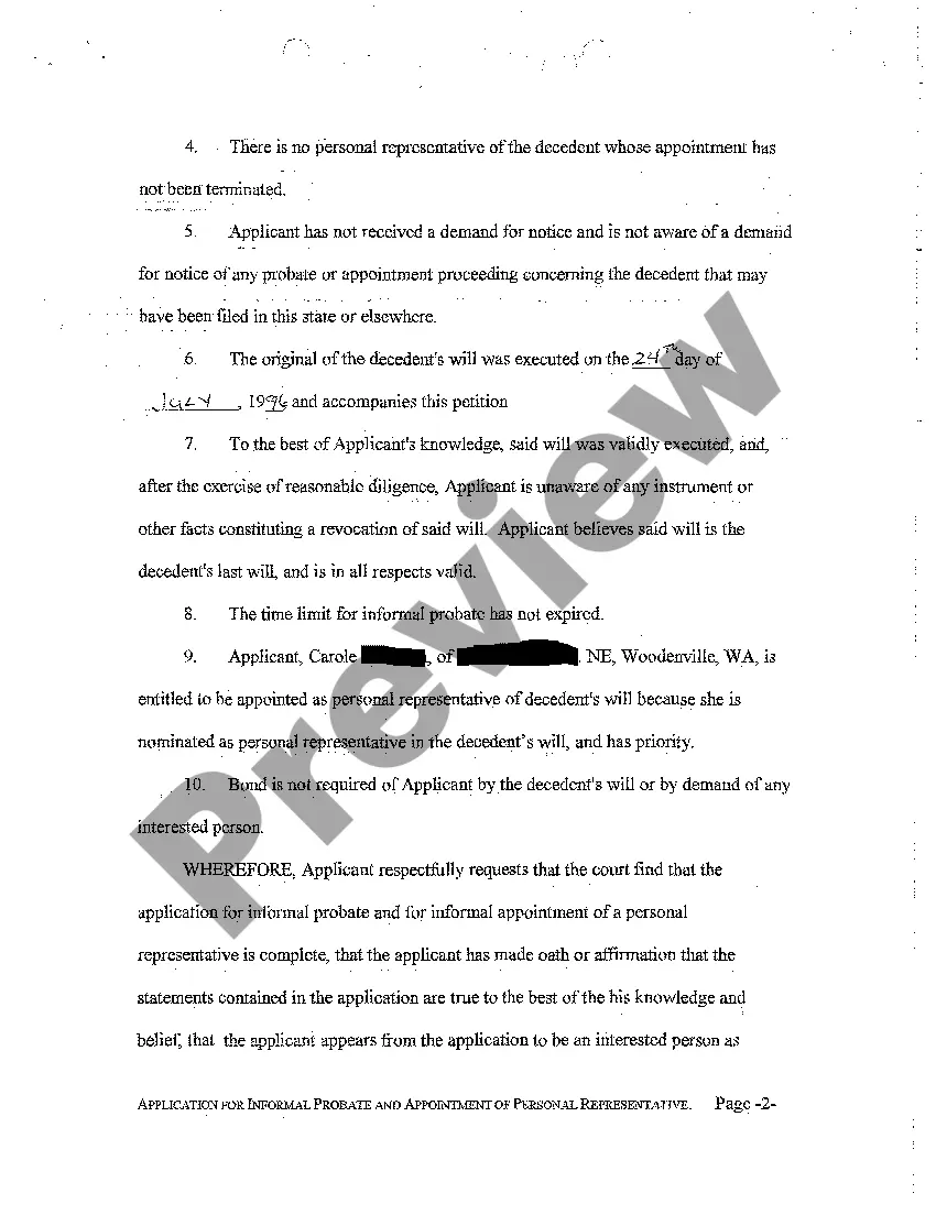 Preview A01 Application for Informal Probate of Will, Determination of Testacy and Heirs, And Appointment of Personal Representative