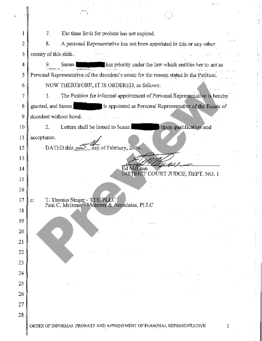 Preview A03 Order of Informal Probate and Appointment of Personal Representative
