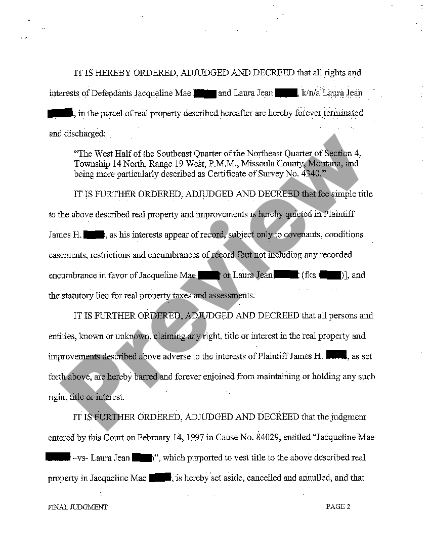 Montana Judgment quieting Title to Real Property and Awarding Damages