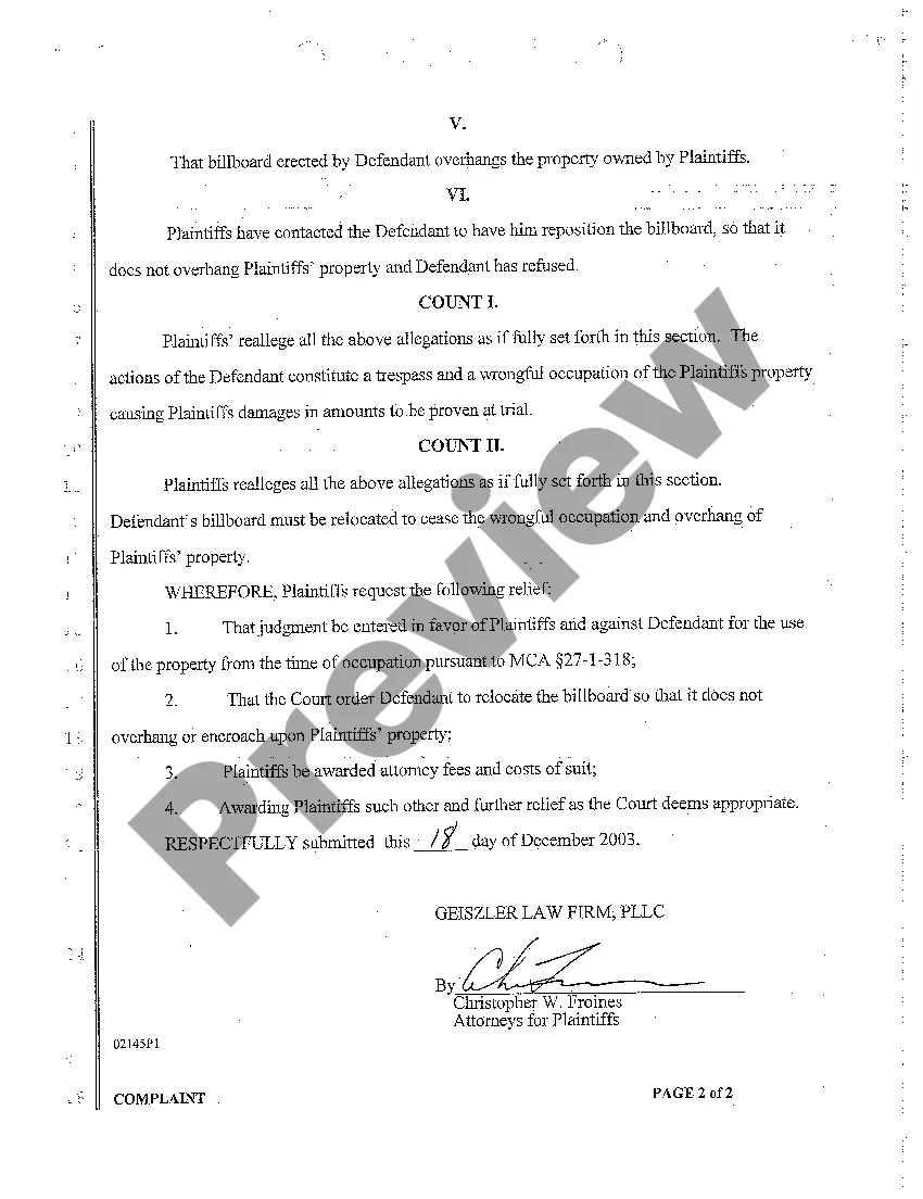 Get A01 Complaint for Trespass Preview A01 Complaint for Trespass