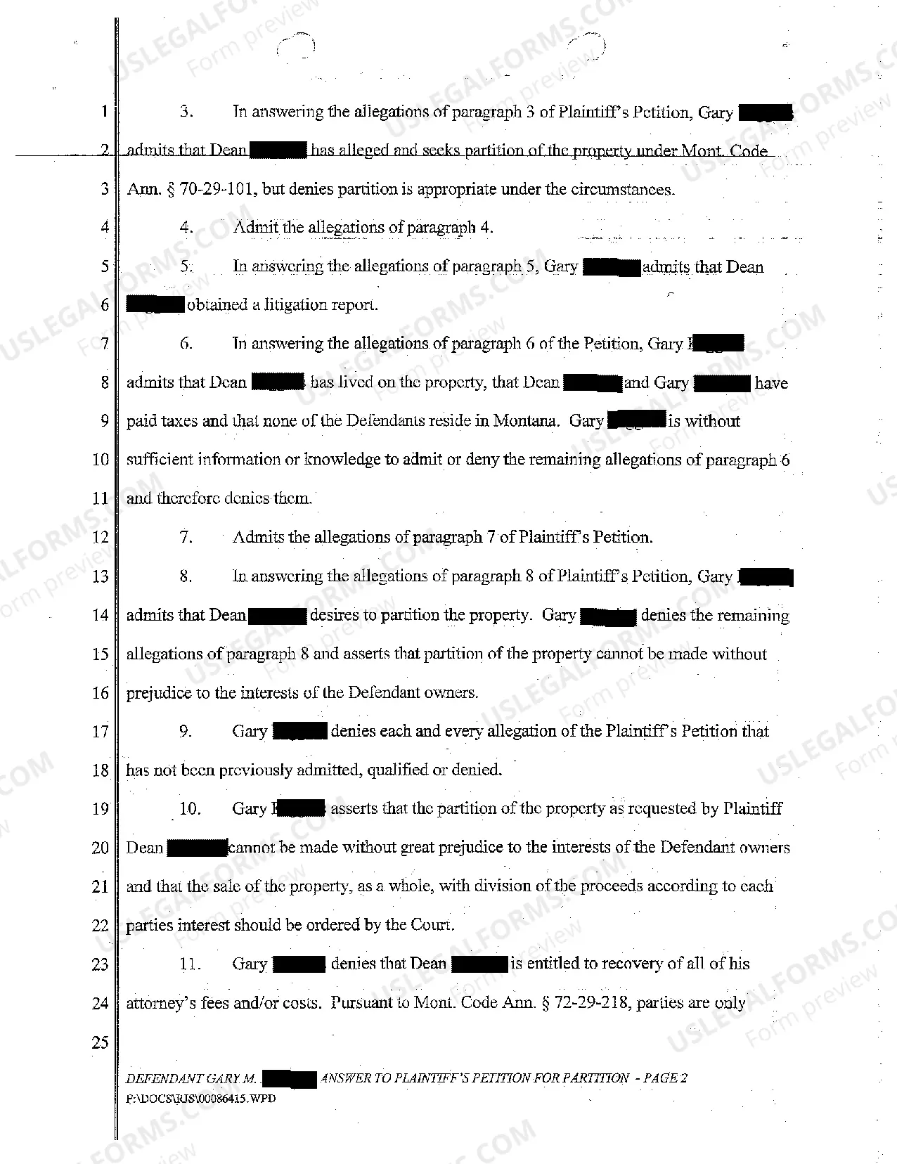 Preview A02 Defendant's Answer to Plaintiff's Petition for Partition