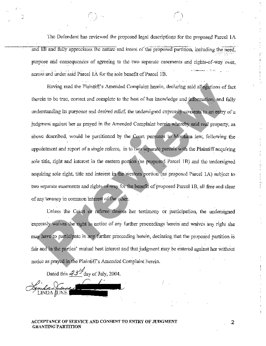 Preview A02 Acceptance of Service and Consent to Entry of Judgment Granting Partition