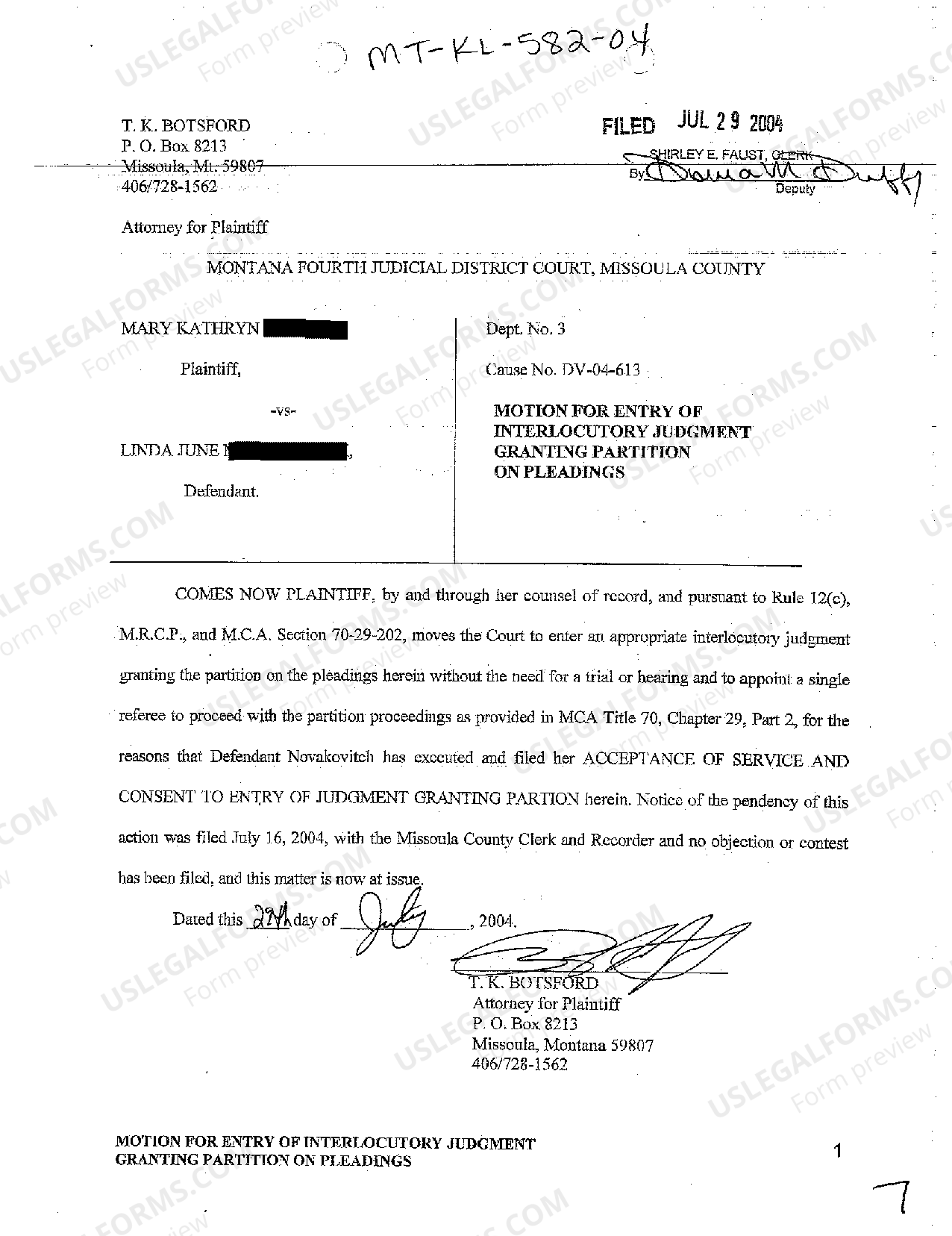 Montana Motion for Entry of Interlocutory Judgment Granting Partition