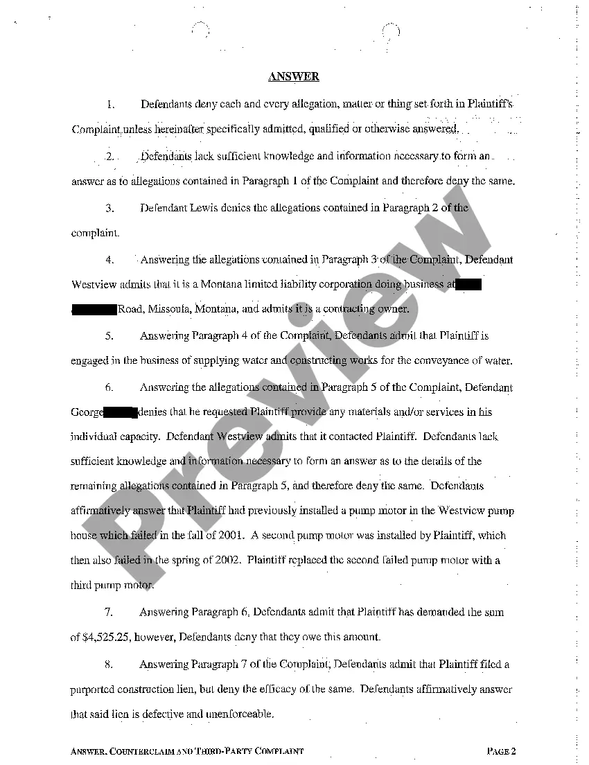 Preview A02 Answer, Counterclaim and Third Party Complaint