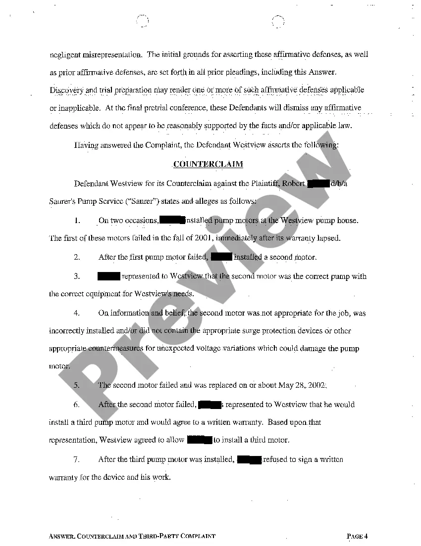 Preview A02 Answer, Counterclaim and Third Party Complaint