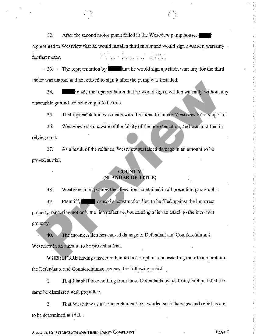 Preview A02 Answer, Counterclaim and Third Party Complaint