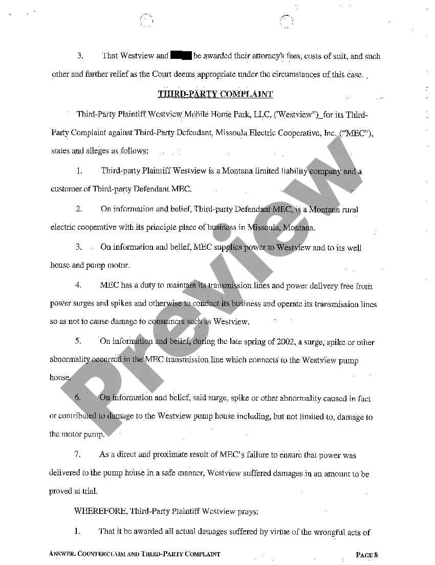 Preview A02 Answer, Counterclaim and Third Party Complaint