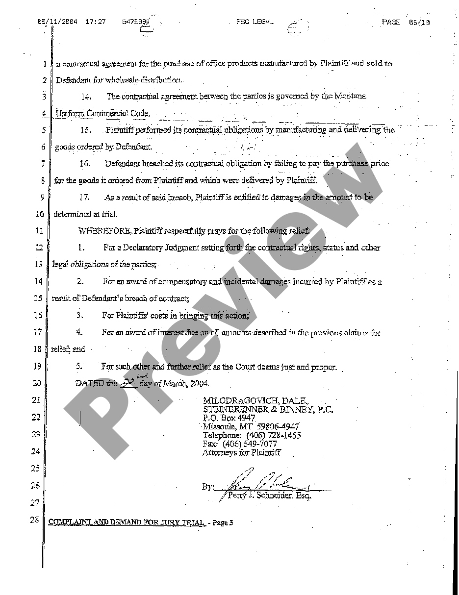 Montana Complaint and Demand for Jury Trial | US Legal Forms