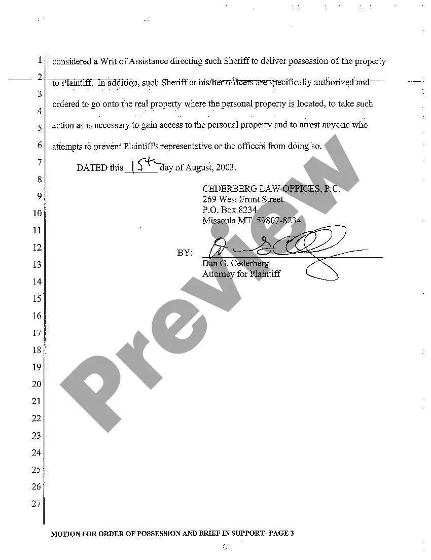 Preview A02 Motion for ordering of Possession and Brief in Support
