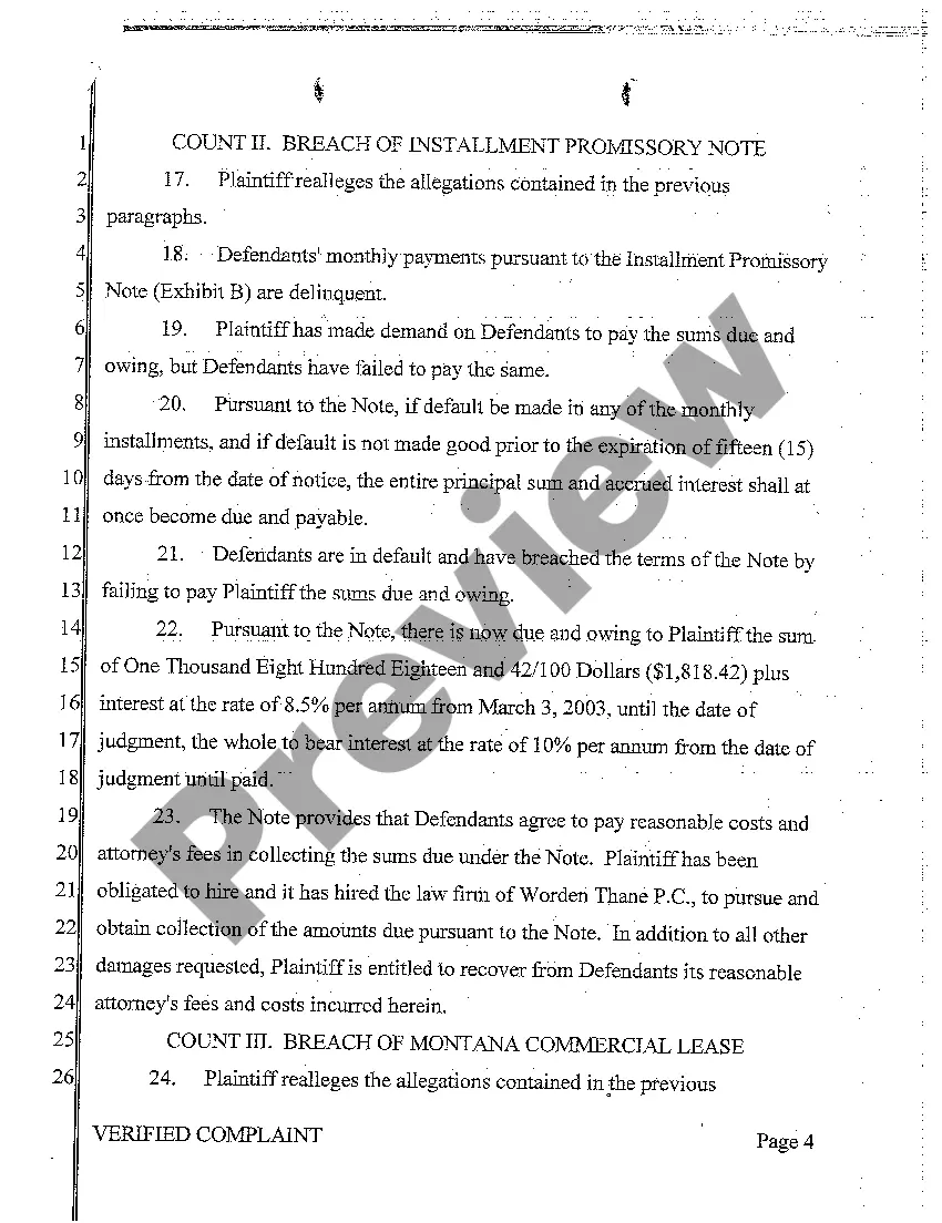 Preview A01 Verified Complaint for Debt Collection