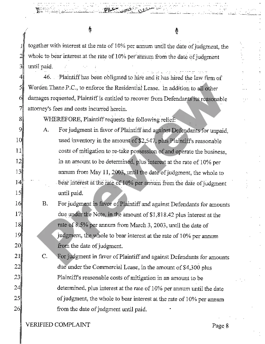 Preview A01 Verified Complaint for Debt Collection