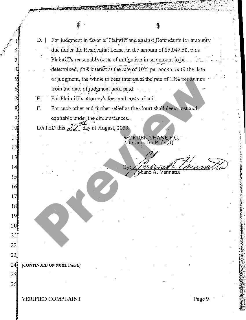 Preview A01 Verified Complaint for Debt Collection